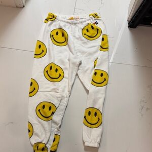 Aviator Nation White Joggers with Yellow Smiley Faces